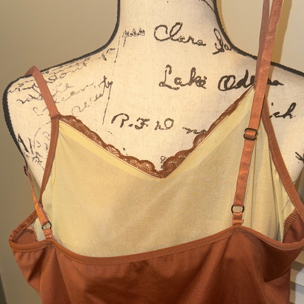 Lace Trim Satin Chemise Bodysuit in Rust - Picture 4 of 10